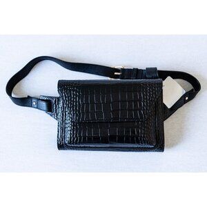 Nordstrom Womens Belt Bag Fanny Pack Black Croc Embossed Convertible Clutch NWT
